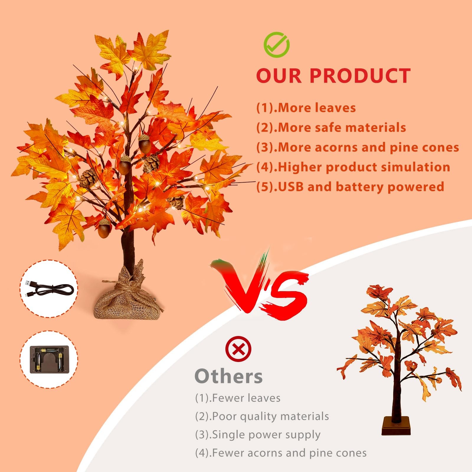 2FT 24 LED Fall Tree Lights USB/Battery Powered Lighted Maple 48 Leaves