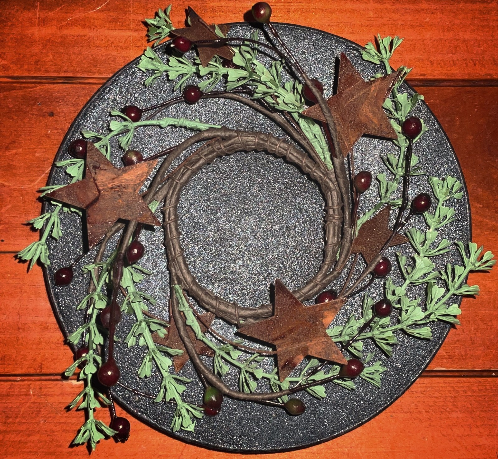 Set 2 -Primitive Rusty Star Herb Burgundy Berries Candle Ring Mini Wreath