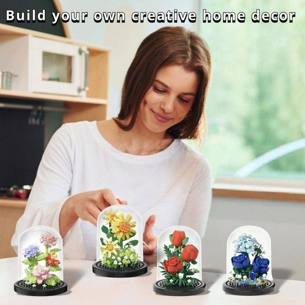 Artificial Flower Bonsai Tree Micro Building Blocks Kit with Dust Cover, Botanic