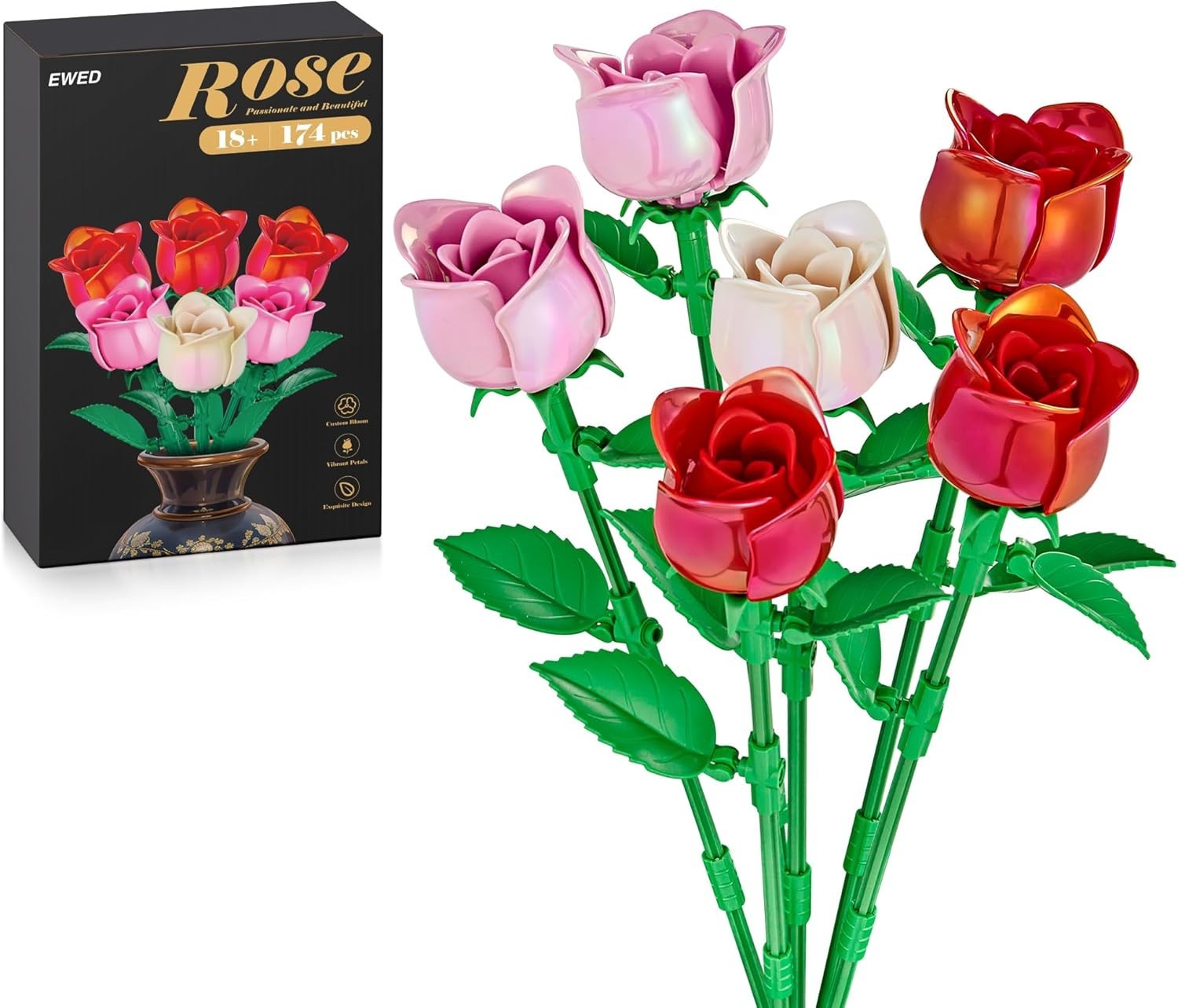 Versatile 174-Piece Rose Building Set with Adjustable Stems – Creativity Awaits!
