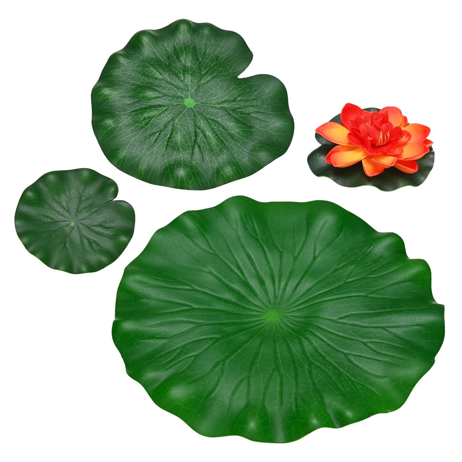 1-Set Artificial Foam Lotus Flower with Water Lily Pads, 4/7/11″ [Orange]