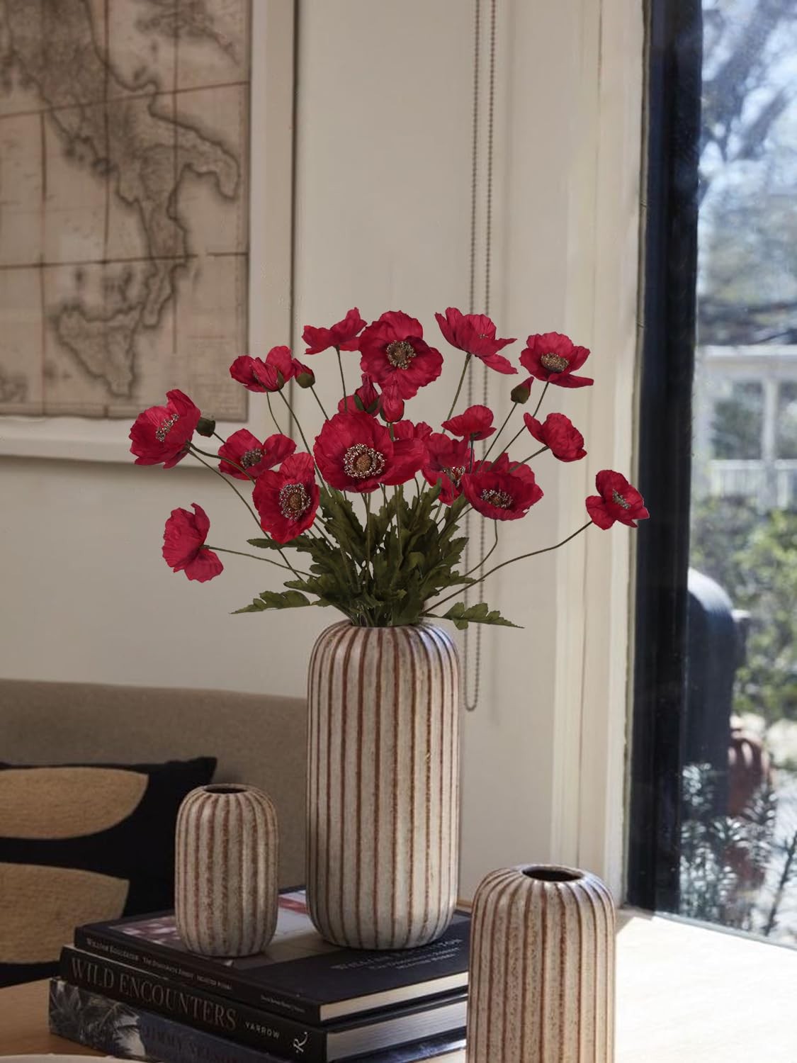 Red Poppies Artificial Flowers 6 PCS Faux Silk Poppies Real Look