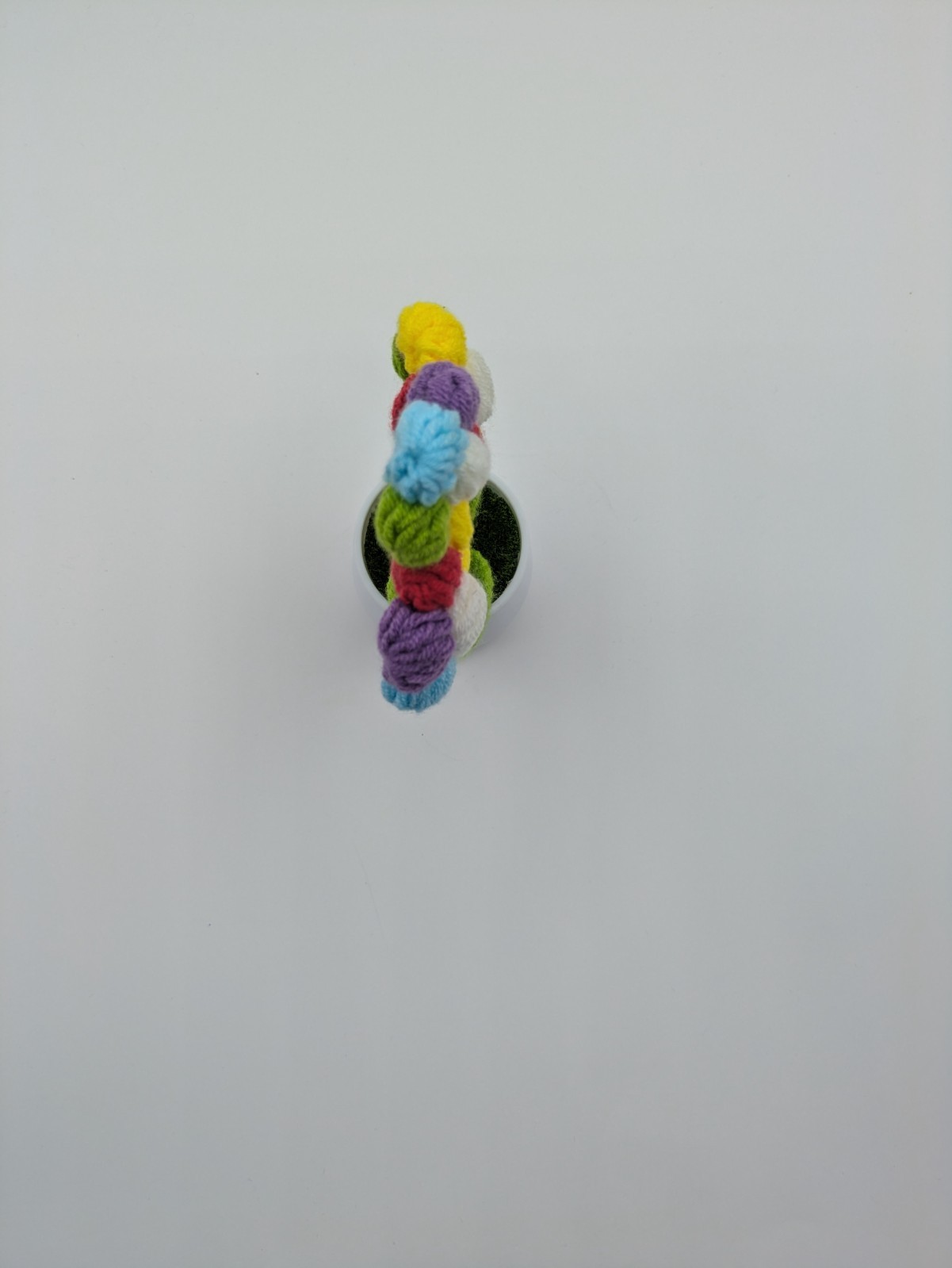 Hand Made Yarn Crochet Rainbow Petal Flowers in White Plastic Pot