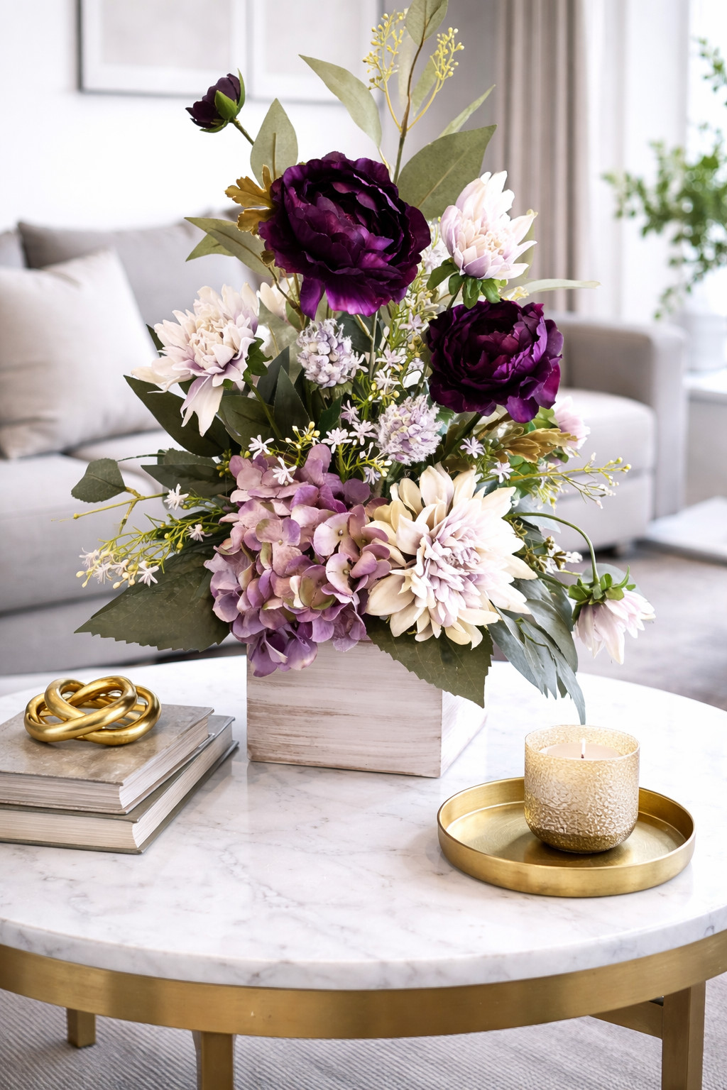 Purple Hydrangea & Aubergine Ranunculus Floral Arrangement, Green Dahlia Floral