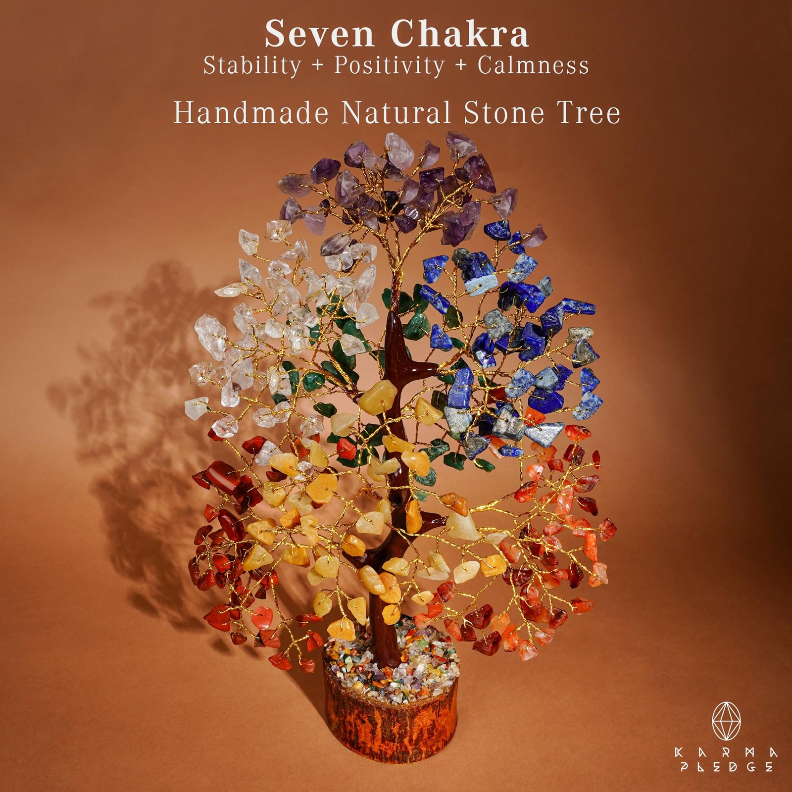 Crystal Tree of Life 7 Chakra Medium, 1- 7 Wooden Base 300 Beads
