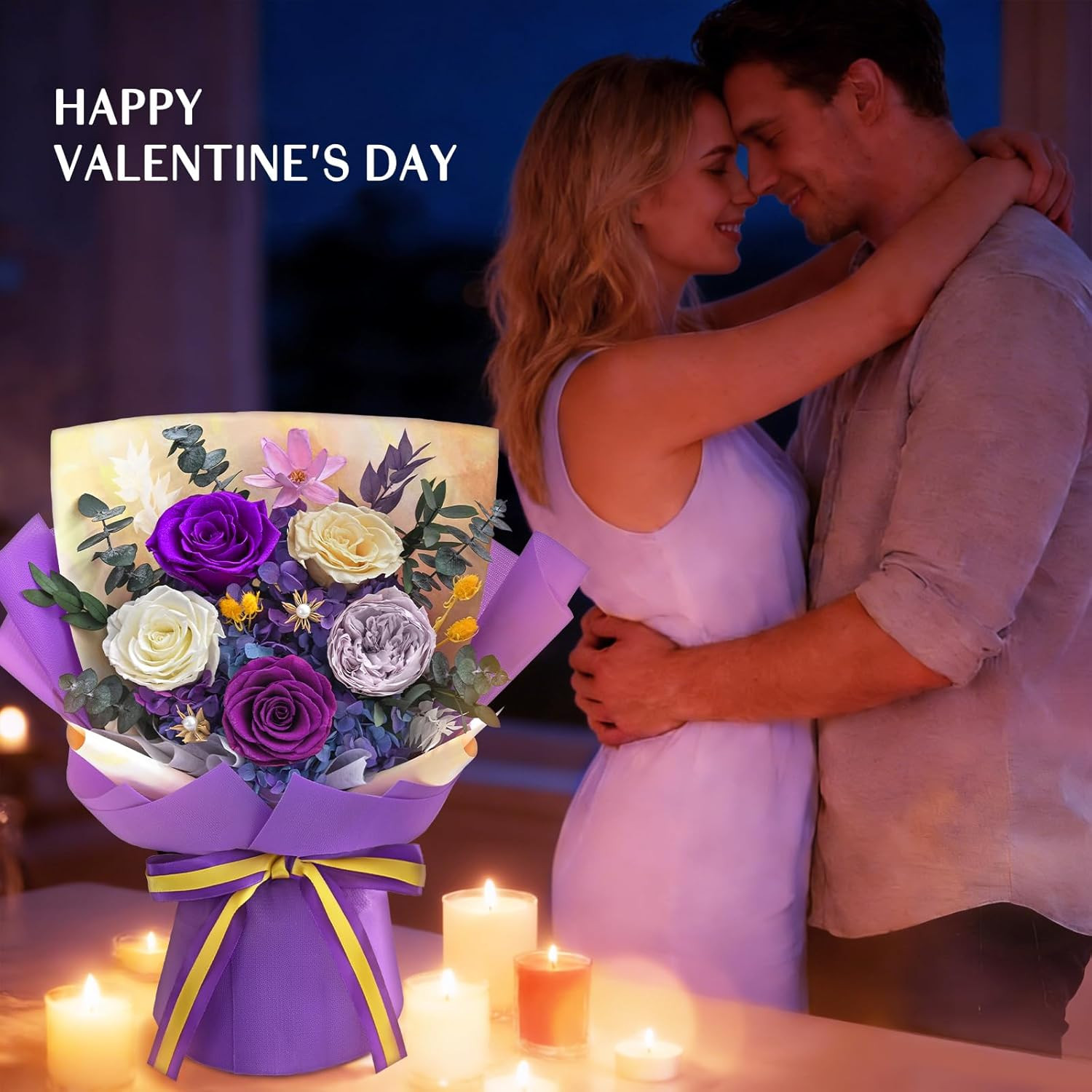 Yastouay 5 Pcs Glitter Purple Preserved Roses Flowers Bouquet, Forever Rose Flow