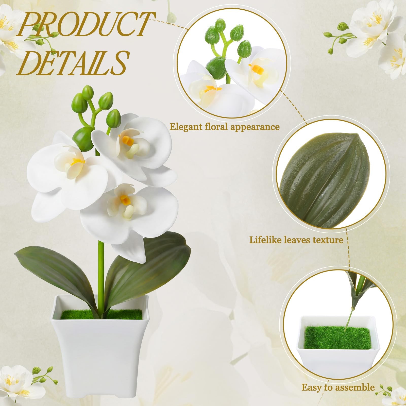 10 Set 7.48in Artificial White Potted Orchid Flowers with Vase Decor