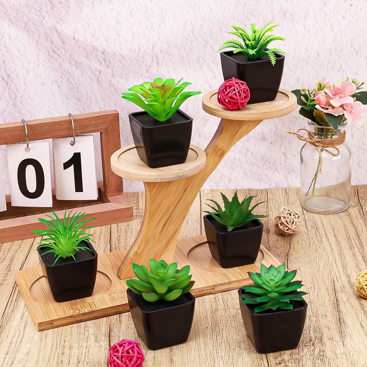 Artificial Succulent Plant 6 PCS Potted Small Fake Greenery Black Pots