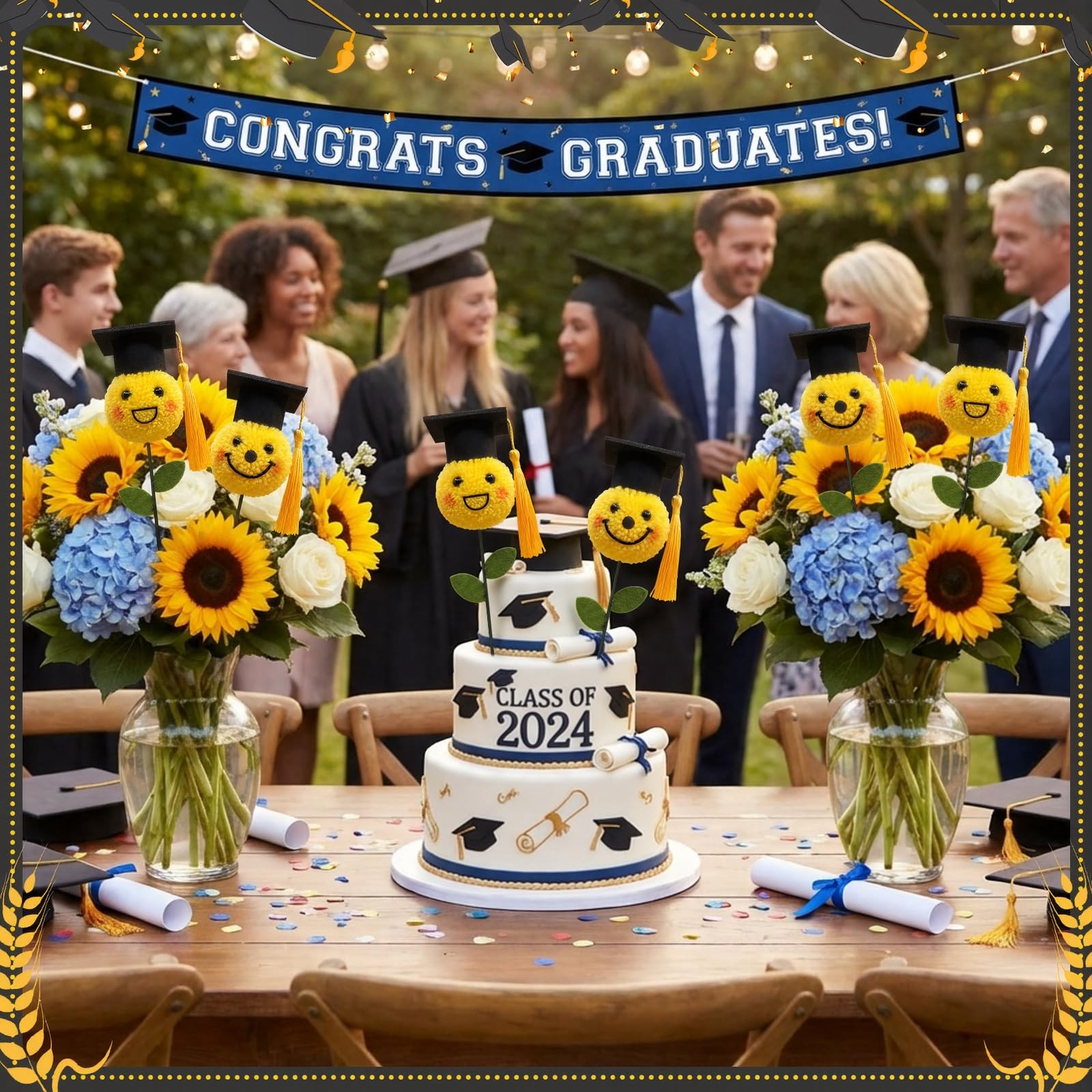 6 PCS Graduation Decorations Class 2026 Bouquet Accessories Gold Pom Mum