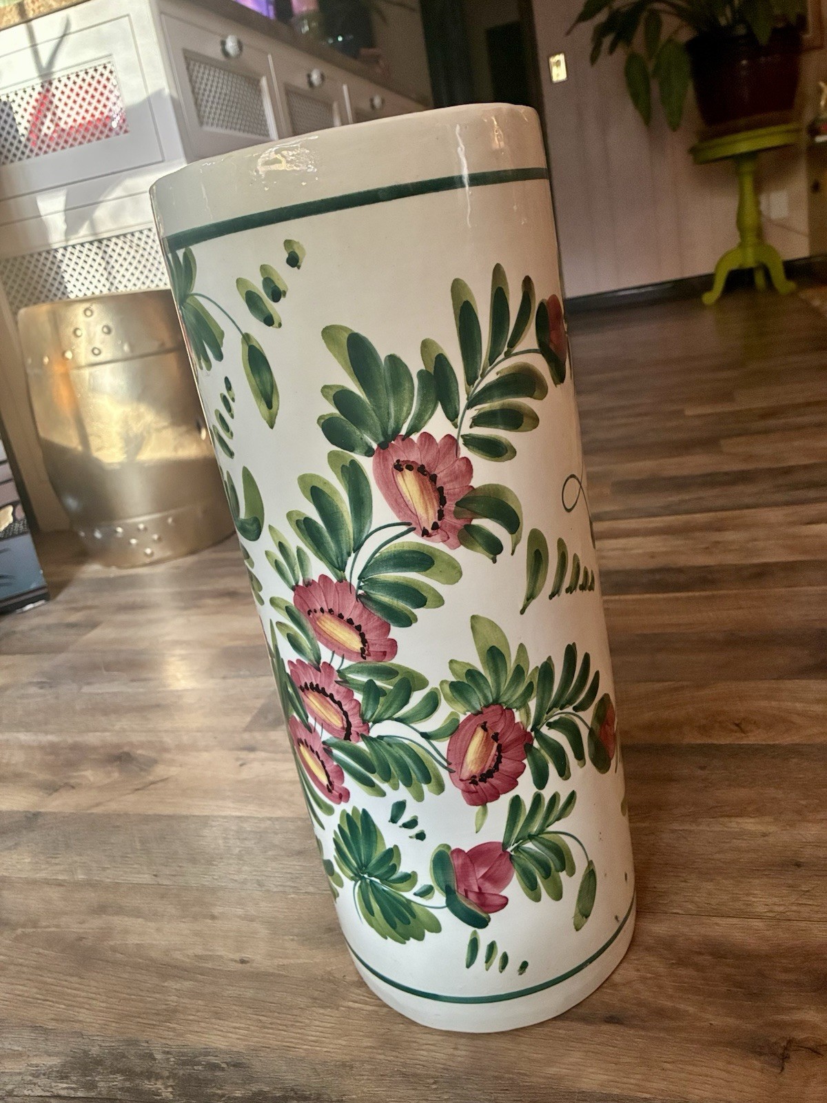 Floral Spanish Porcelain Umbrella Stand In green & Pink