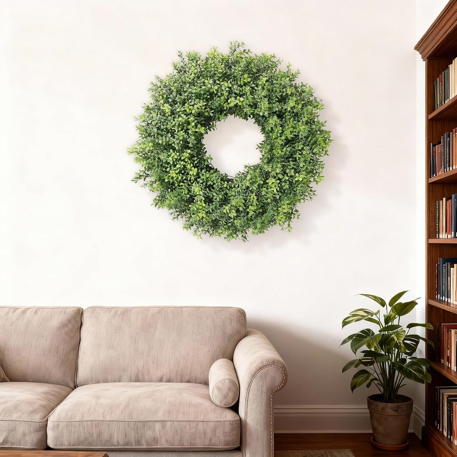 26″ Artificial Boxwood Wreath for Front Door – Faux Small Leaf Boxwood Plant, Sp