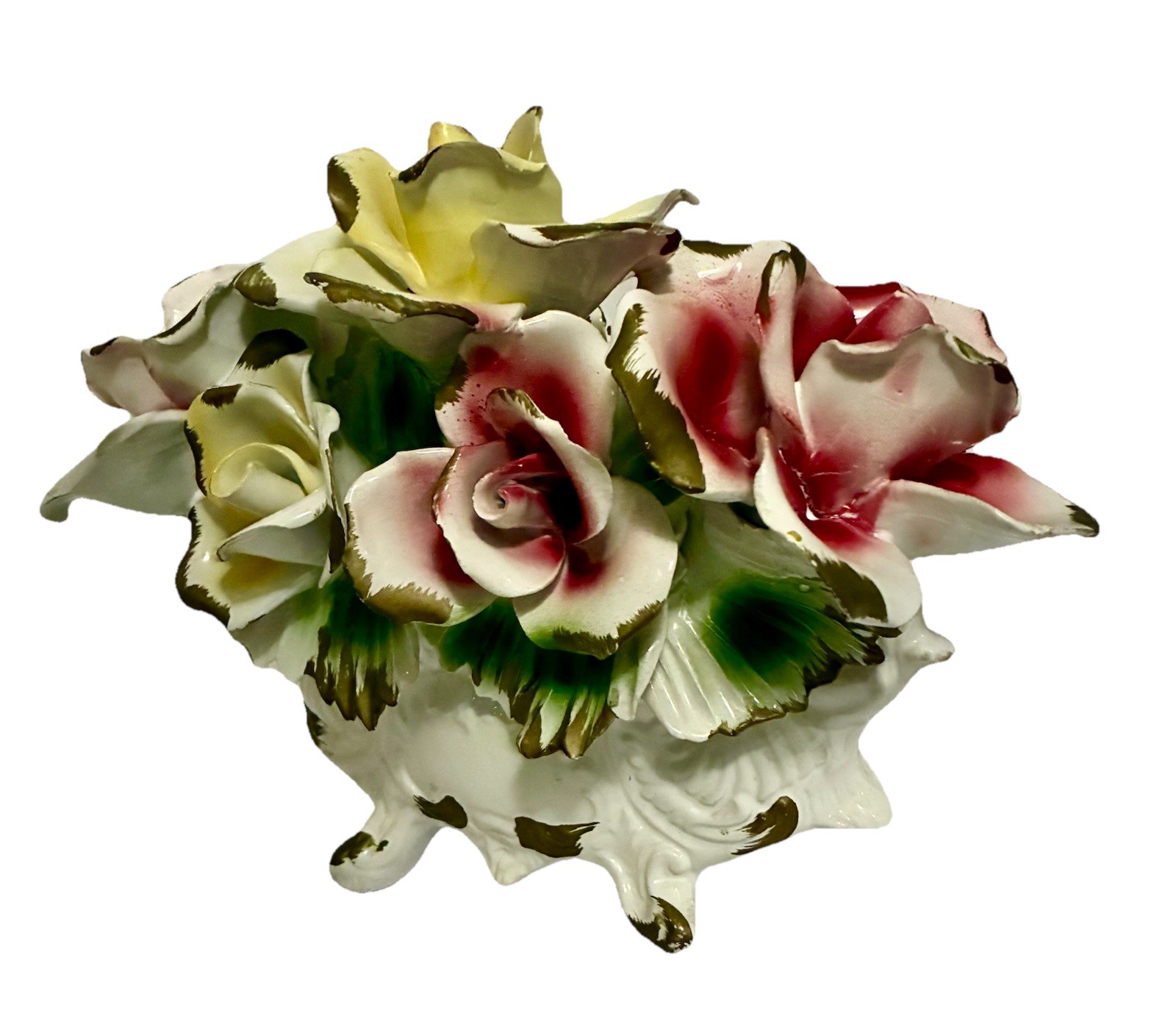 Vintage Capodimonte Italian Porcelain Pink and Yellow Seven Rose Centerpiece