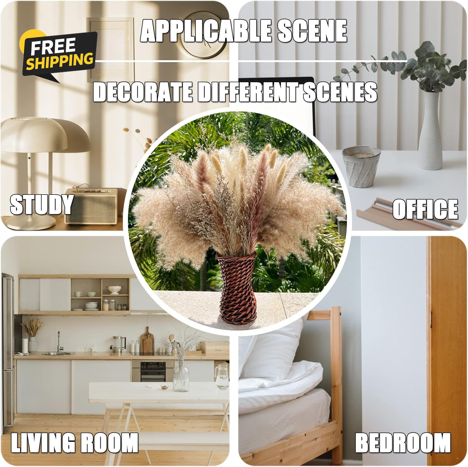 100Pcs Pampas Grass Boho Home Decor 17 Inch Natural Dried Flowers-Pampas Grass