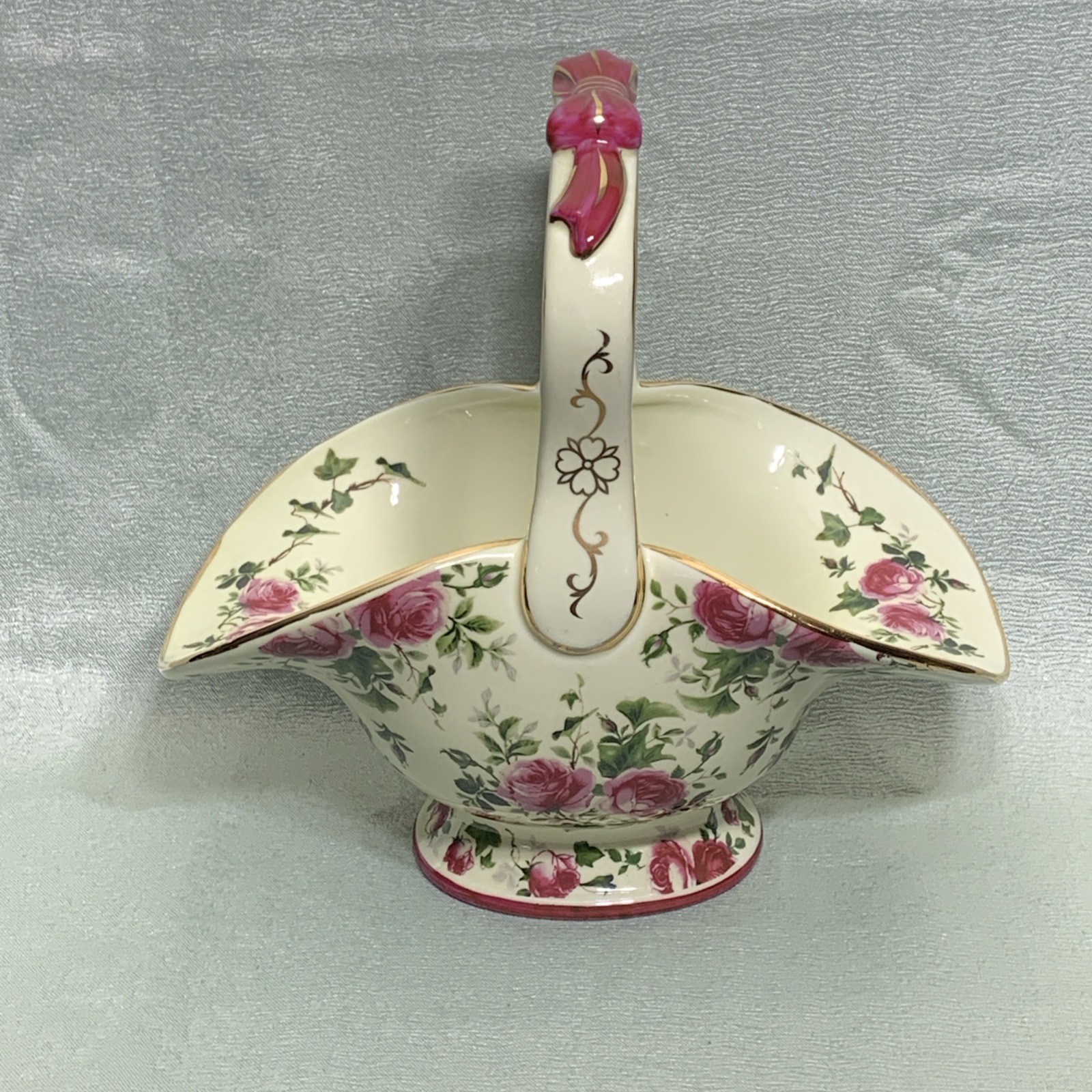 Beautiful Floral Pink Rose And Gold Trimmed Porcelain Basket 11” X 11”X6”