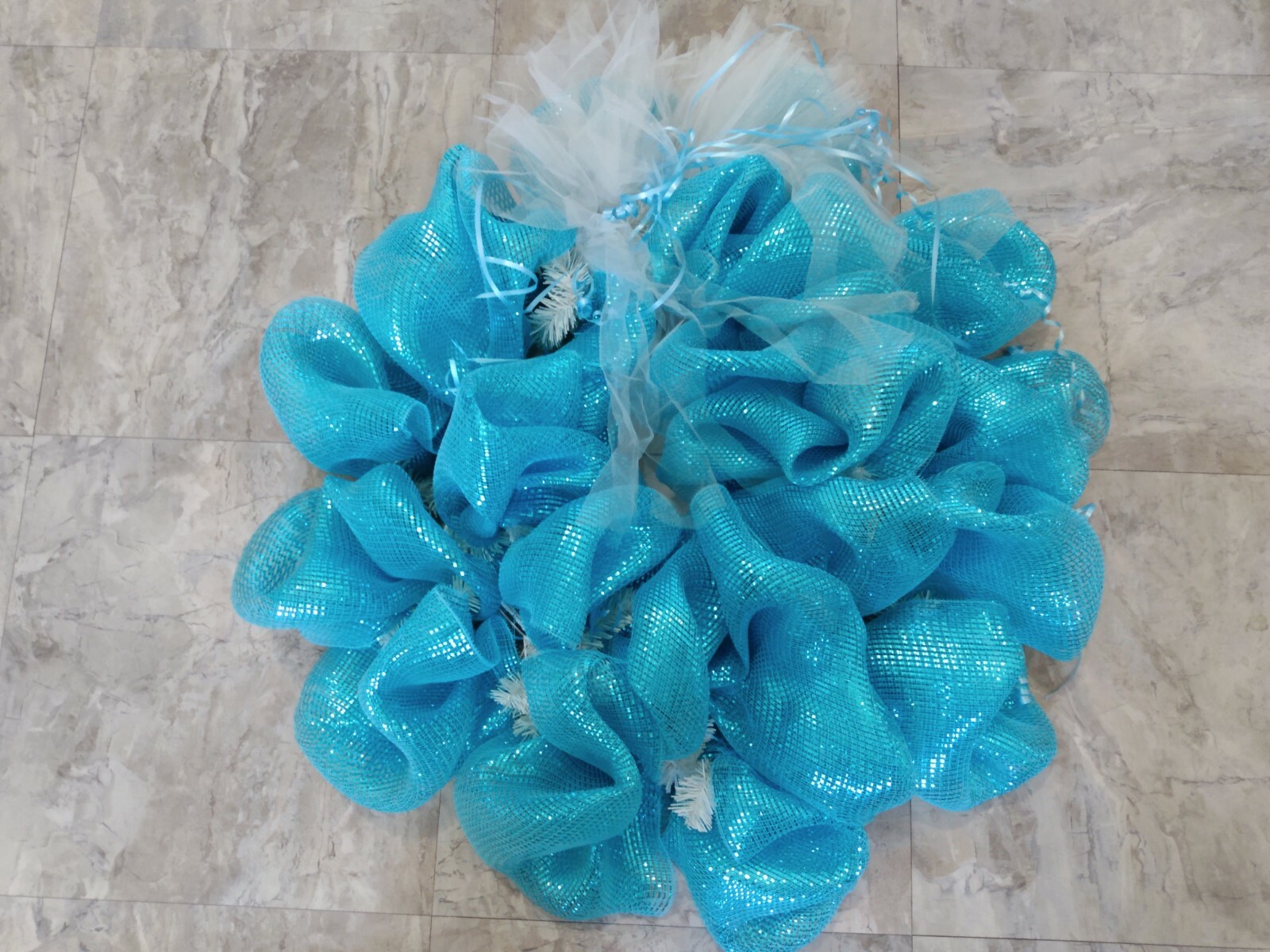 Wired Wreath With Aqua & White Tulle 20″ baby shower wreath