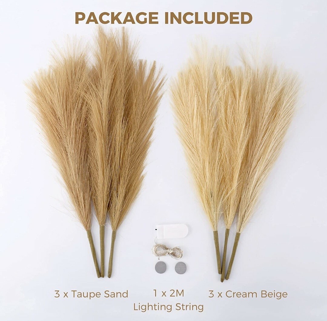 Faux Pampas Grass, Set of 6 Stems 17” Short Artificial Fake Flowers with light