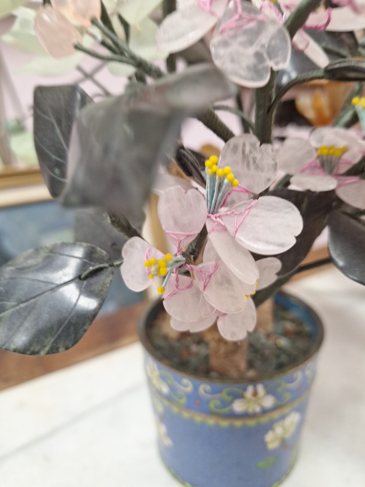 2 Hand Painted Japanese Flower Pots With Artificial Flowers With Jade 3.5″ Diam