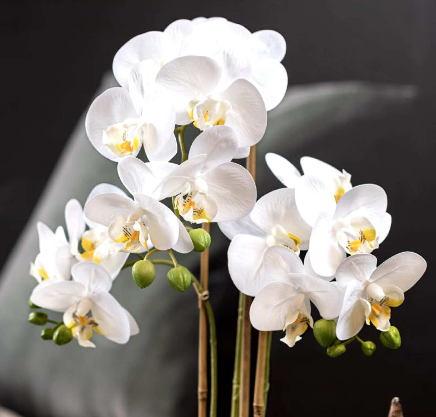 Artificial Flower Arrangement White Phalaenopsis Orchid in Silver Ceramic Vase
