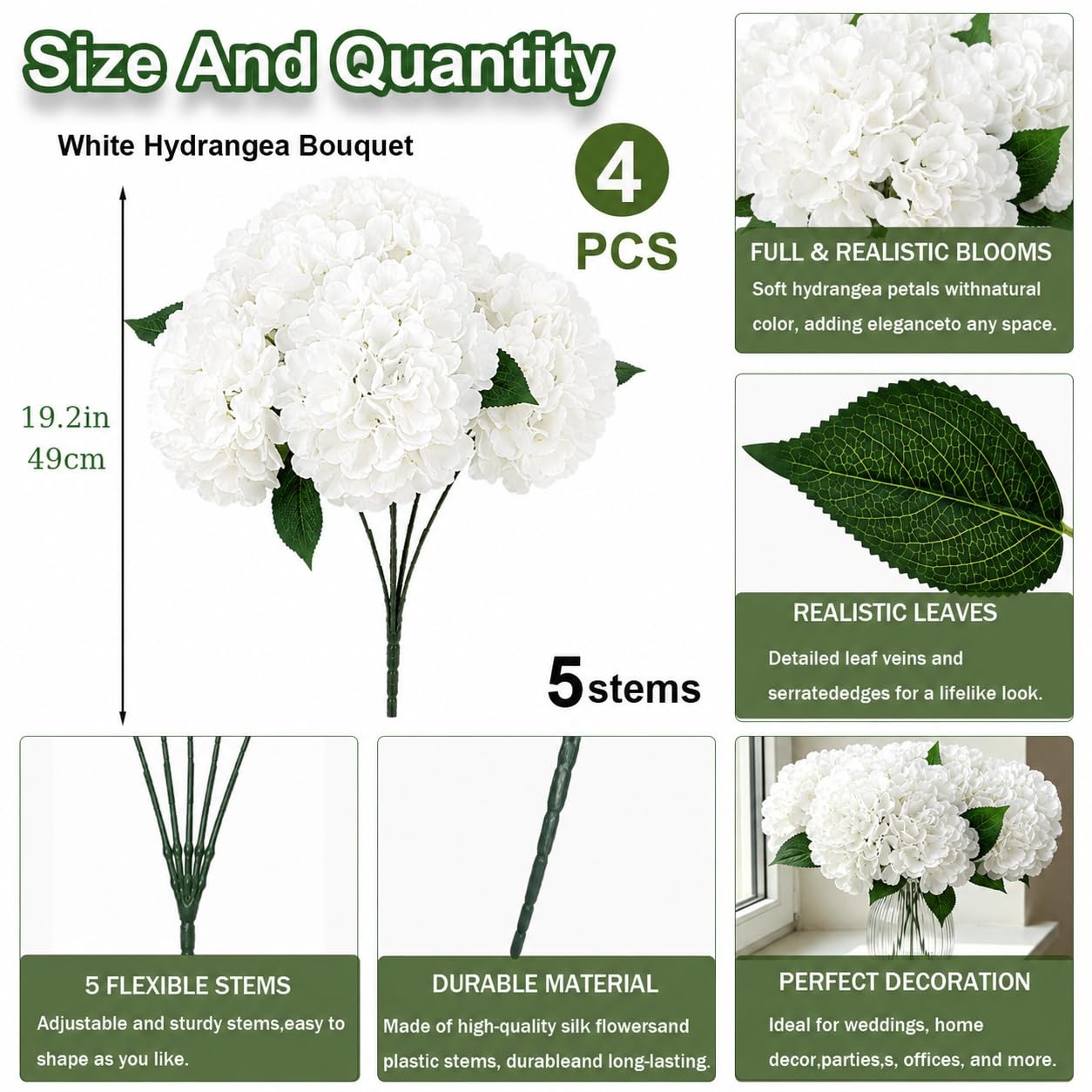 4PCS White Hydrangea Artificial Flowers, UV Resistant Faux Hydrangeas Flowers…