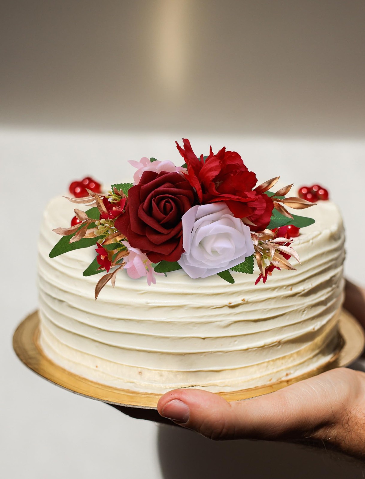 3 PCS Burgundy Red Wedding Cake Topper Set Artificial Flowers Anniversary