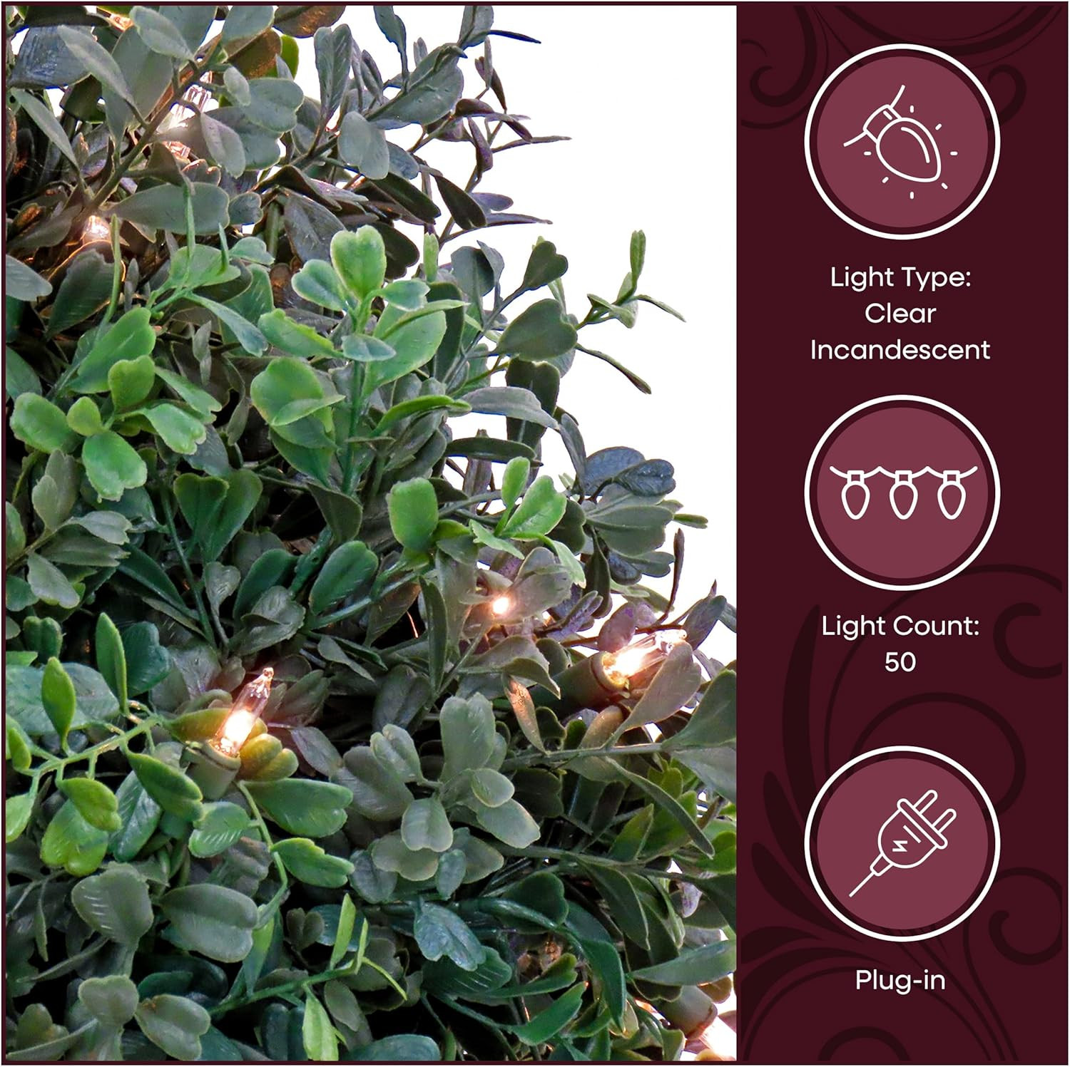 2 Ft Prelit Boxwood Topiary with 50 Clear Lights in Matte Black Pot