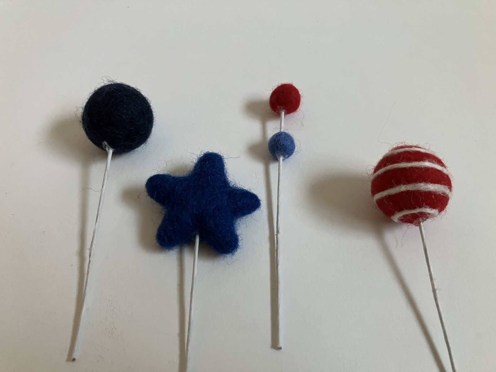 Set of 4 Felted Heart Ball Bouquet. Patriotic. Red White And Blue