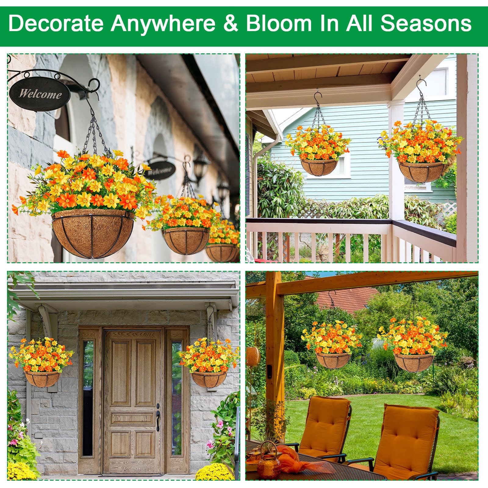 2 Pack Artificial Hanging Basket with Daisy Flowers, 12 Inch Faux Hanging Flo…