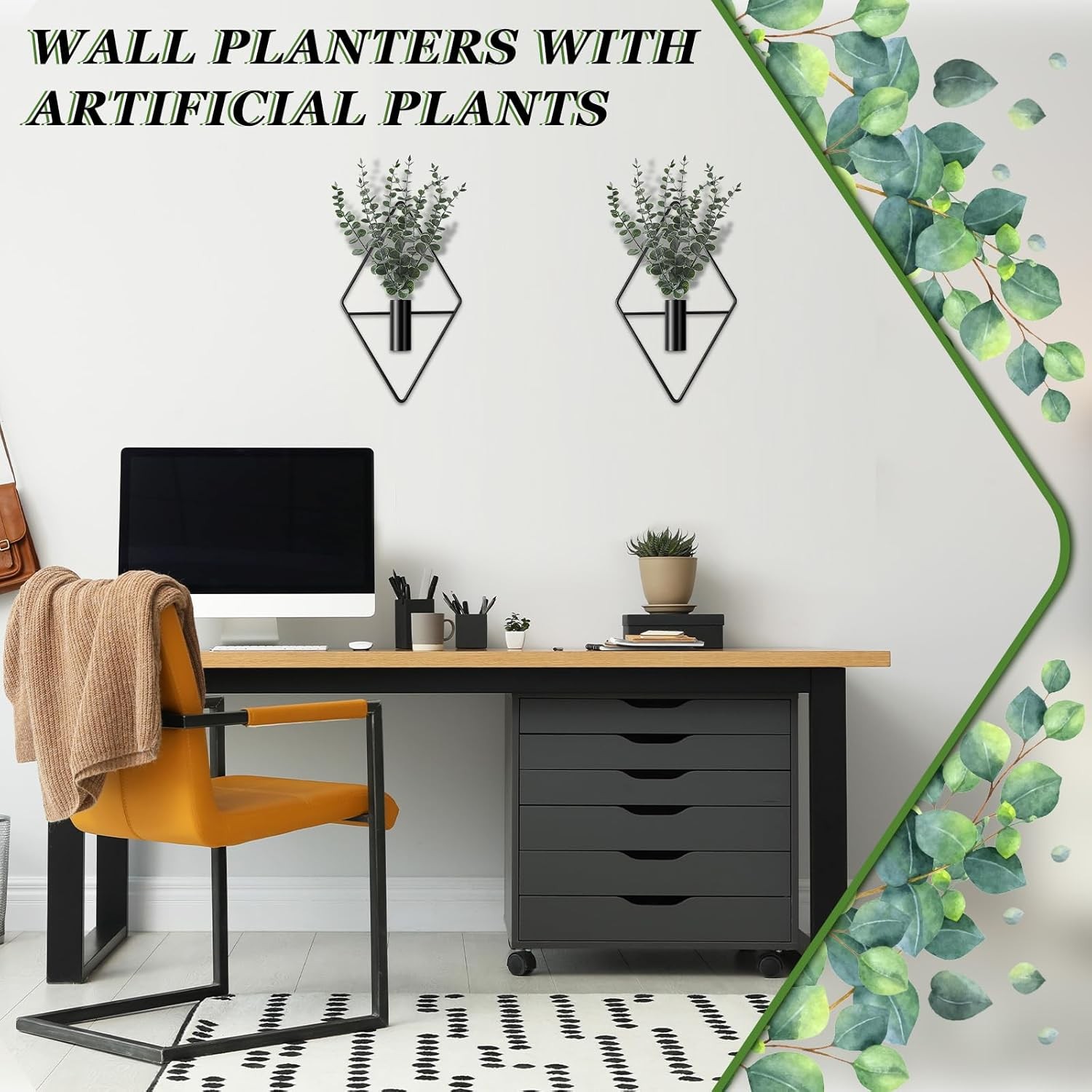 4 Pack Hanging Planters Artificial Eucalyptus Metal Wall Vase Boho Home Decor