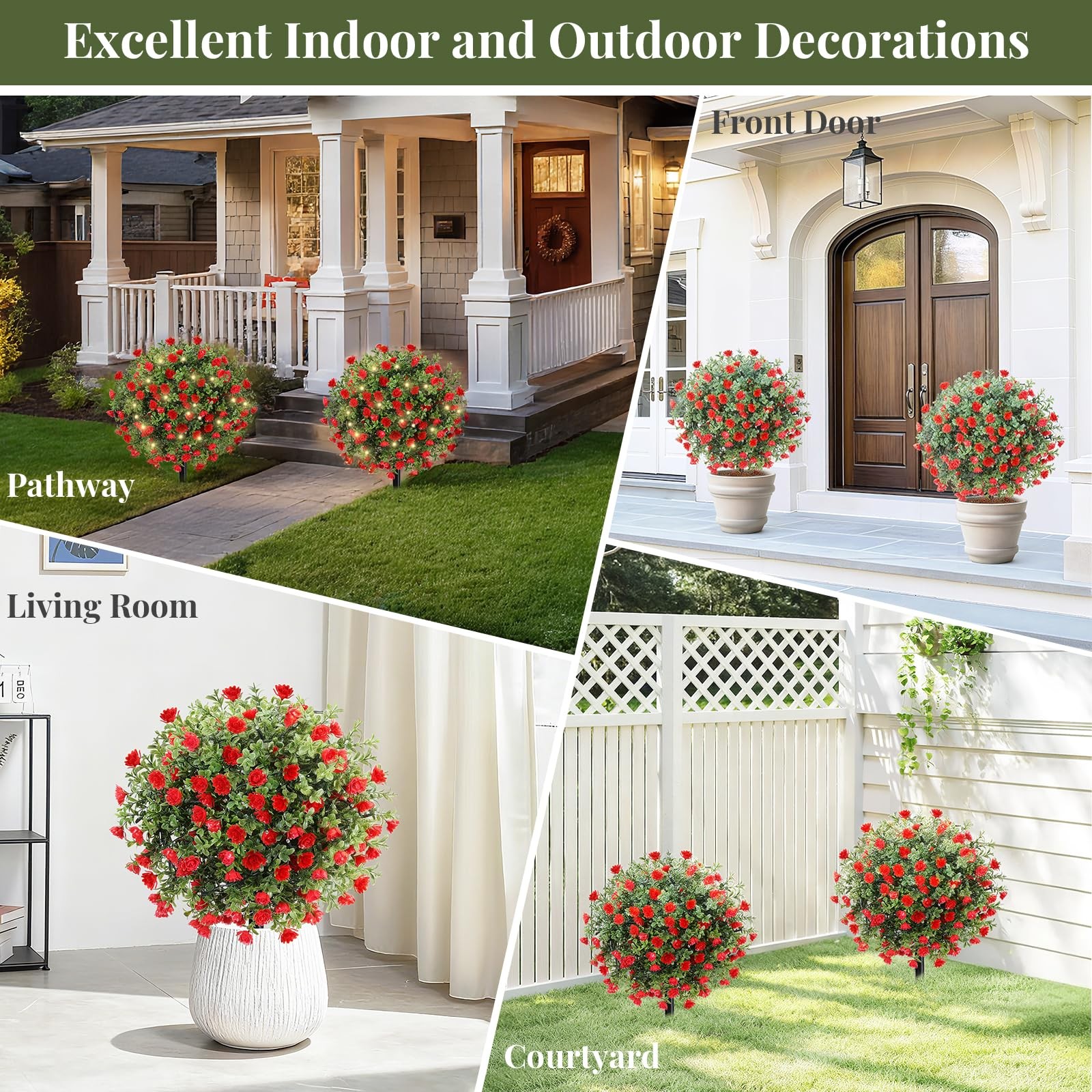 Lewondr Artificial Red Flowers Boxwood Topiary Ball with LED Lights,23.6” Ar…