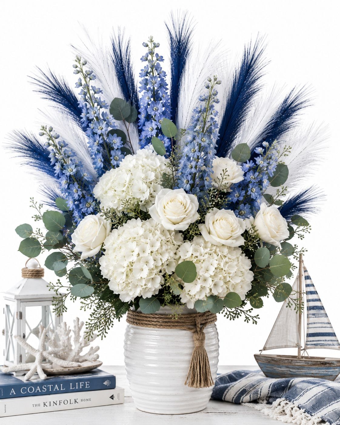 Blue and White Grass Stems Set of 17 Artificial Floral Grass Navy Blue White Pam