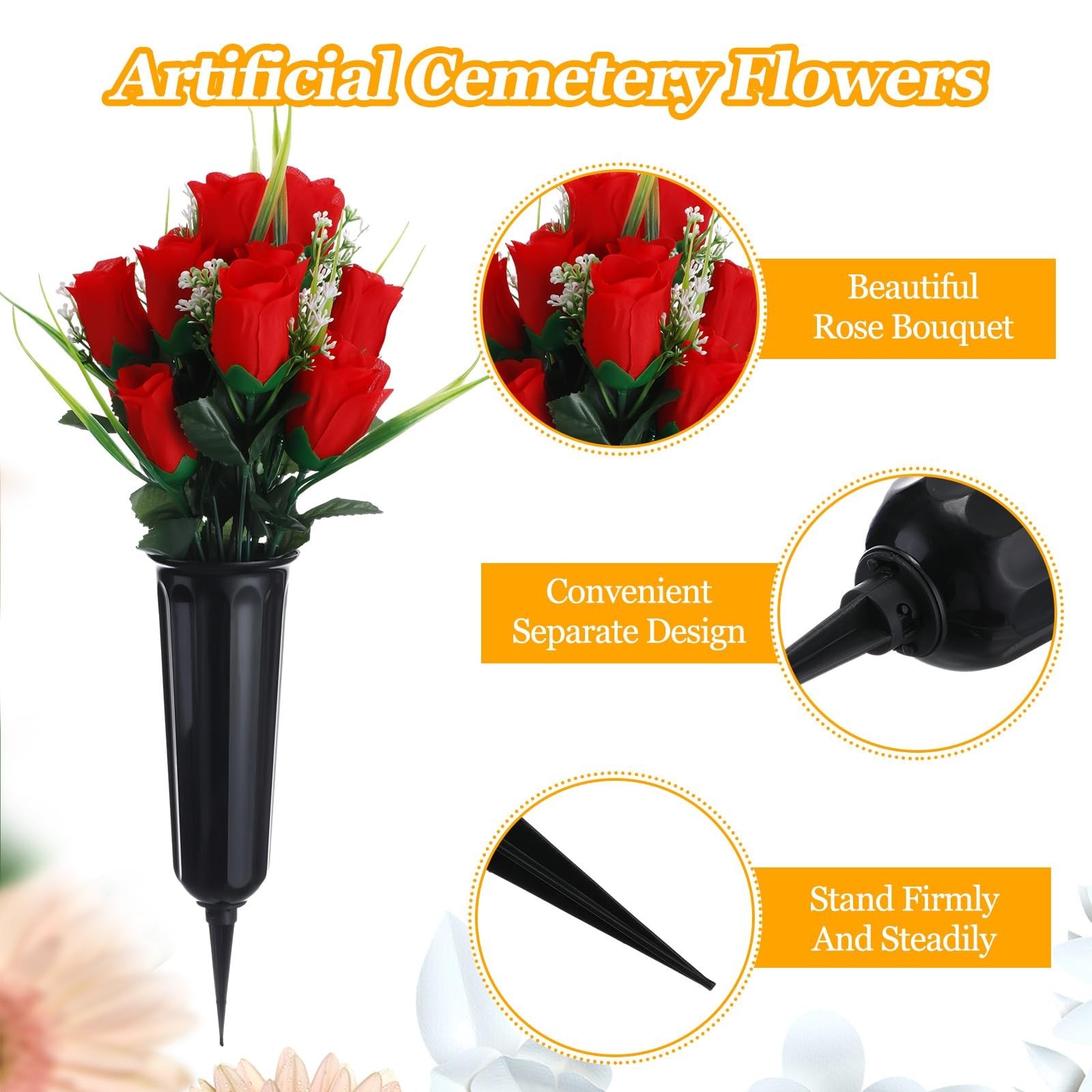 6 Sets Memorial Day Cemetery Flowers with Grave Vase – 12 Bunches Artificial Ros