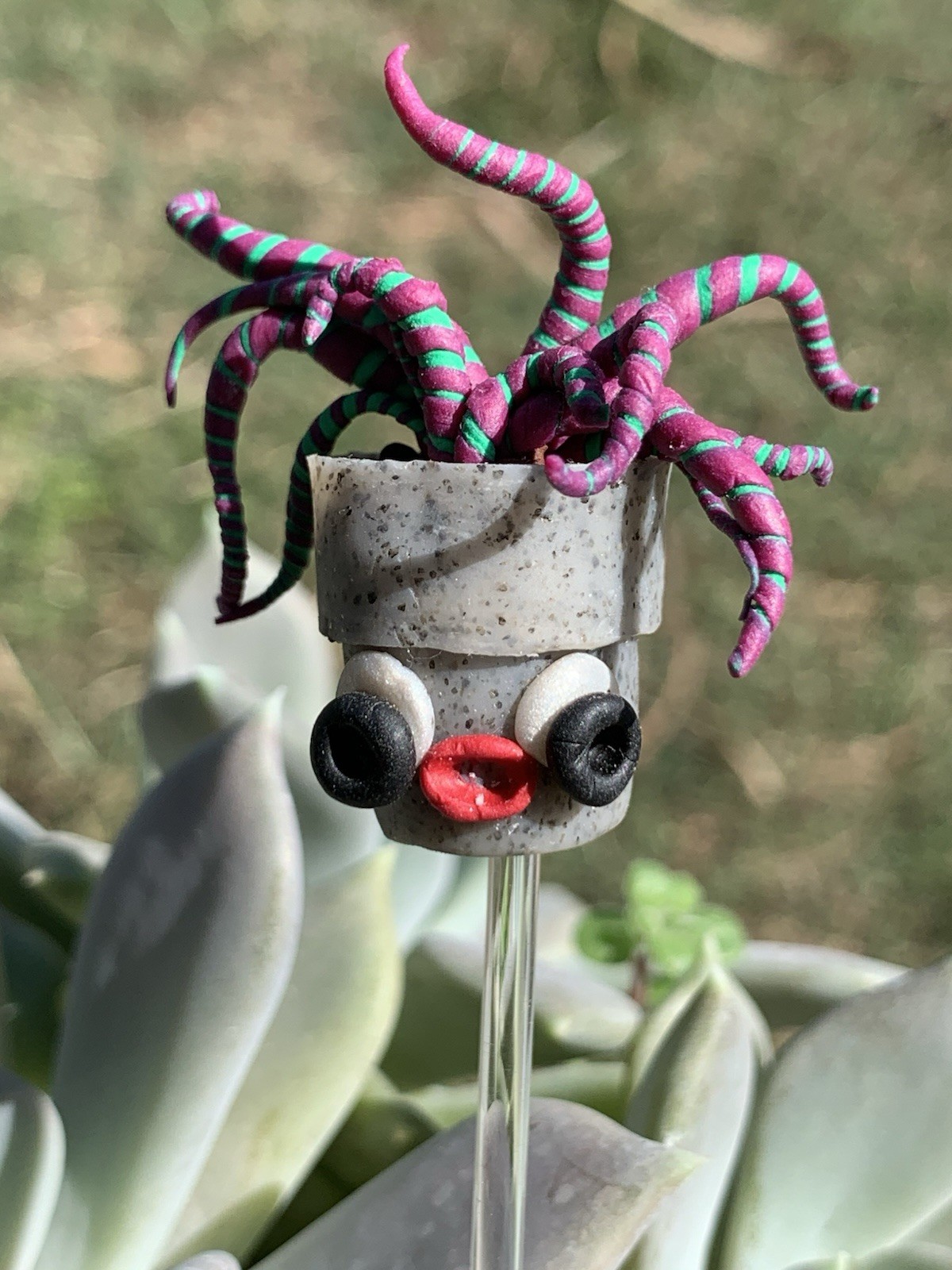 Handmade One Of A Kind Polymer Clay Plant Stick “Pothead” Plant Deco