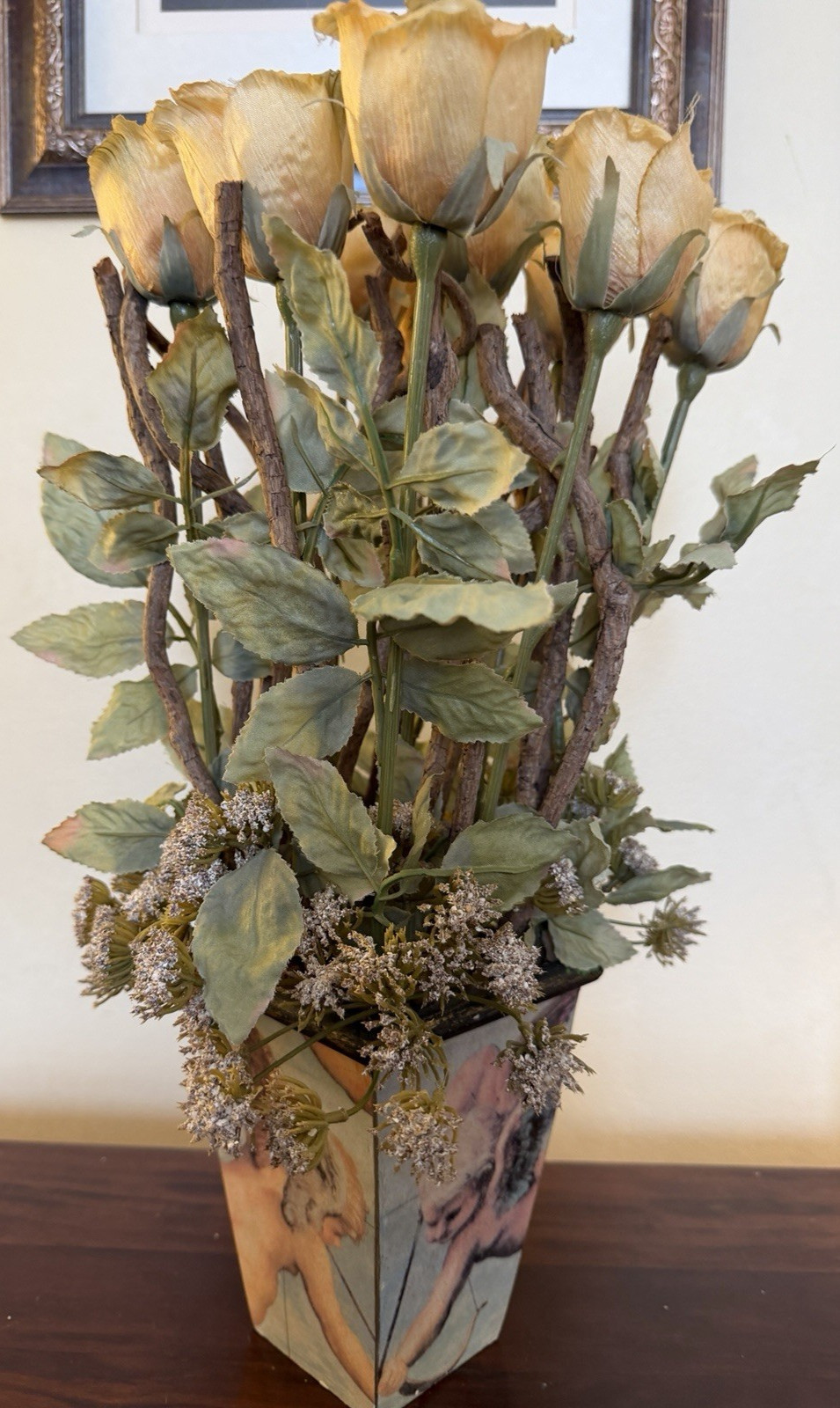 Faux Yellow Crepe Paper Roses in Cherub Vase