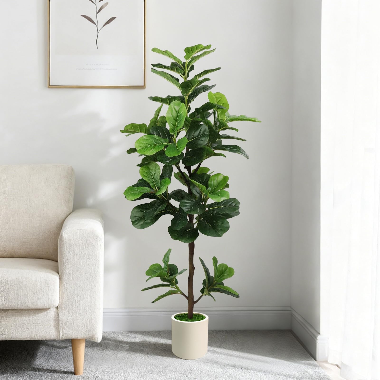 5FT Artificial Fiddle Leaf Fig Tree with White Planter & Fake Moss, Realistic…
