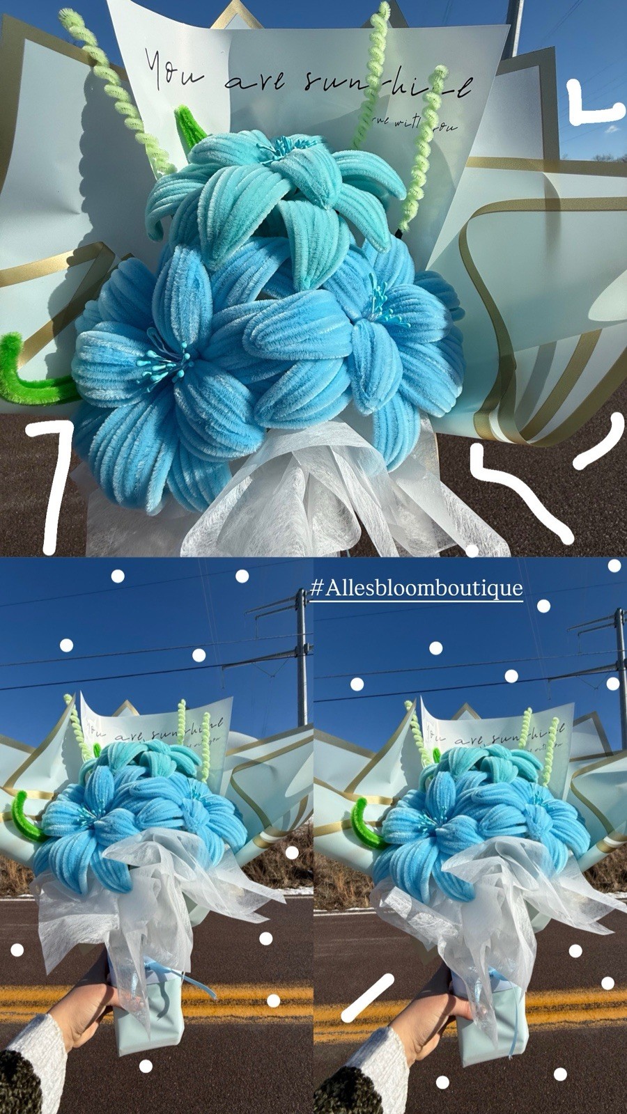 Allesbloomboutique Artificial Flower Bouquet Blue Green White Fabric Arrangement