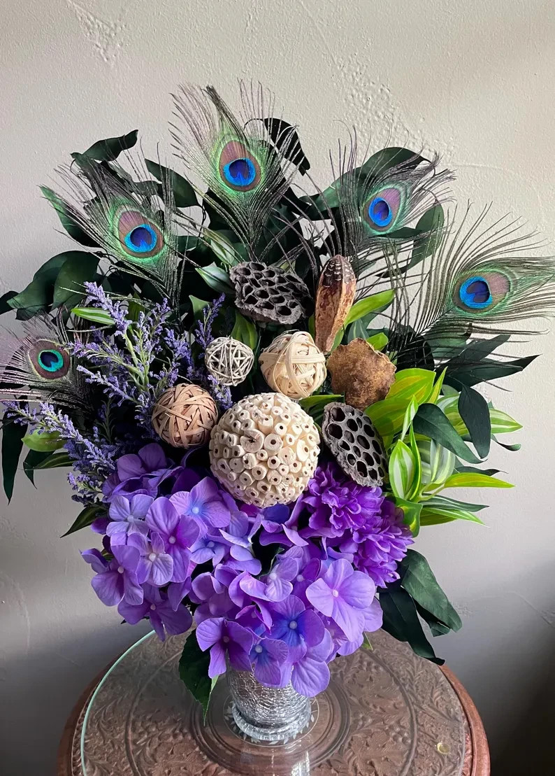 Peacock Centerpiece: Purple & Green Floral Arrangement, Cute Earthy Home Decor