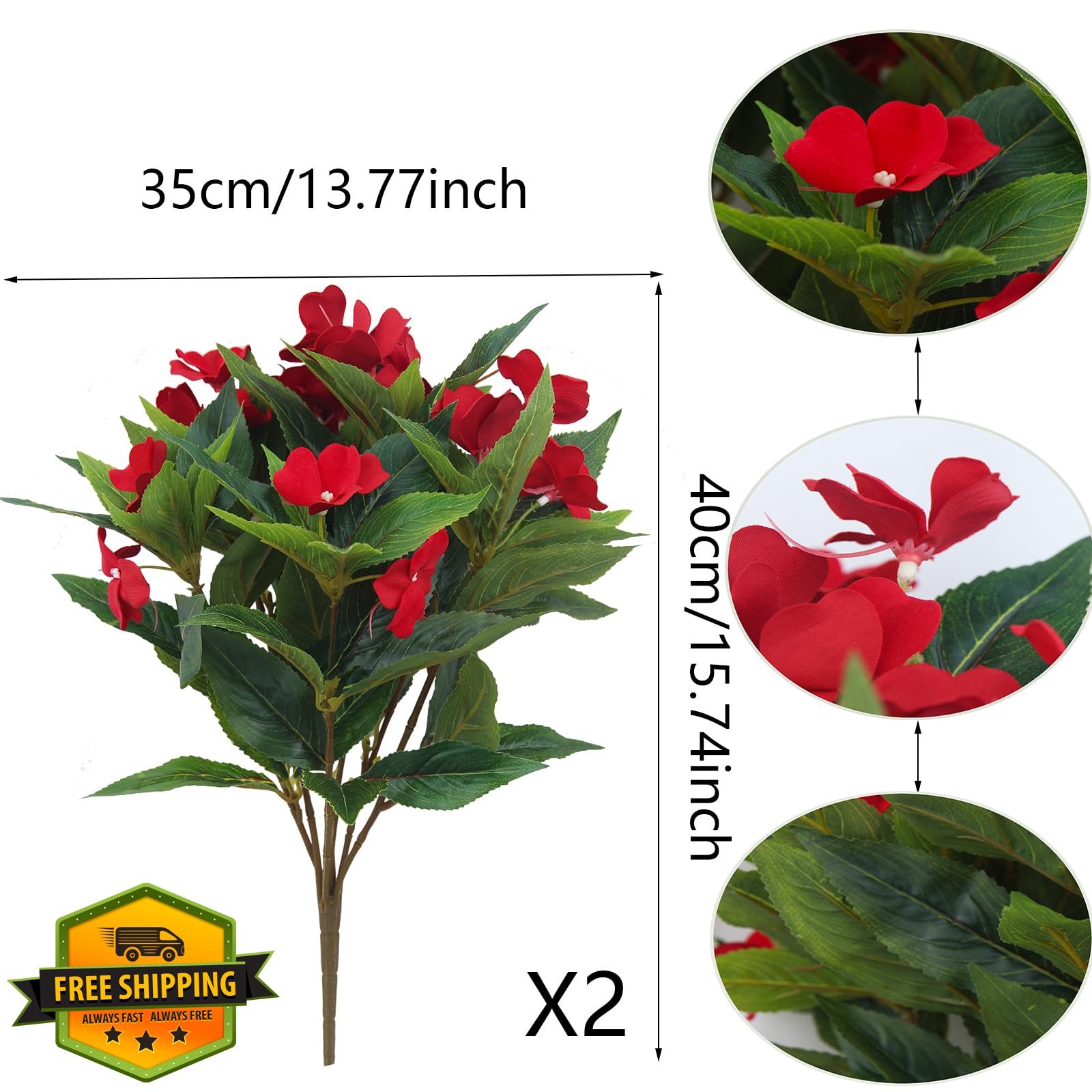 FAICOIA 2pc Red Artificial Impatiens Flowers Faux Silk Greenery