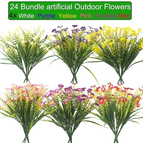 24 Bundles Artificial Faux Flowers – UV Resistant Colorful Daisy for Outdoor Dec