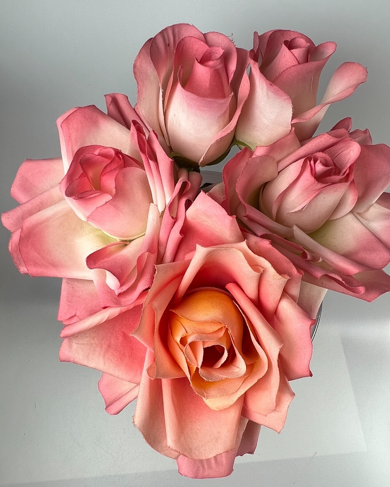 5 True VINTAGE long stem silk roses pink peach cream ombre thorn faux artificial