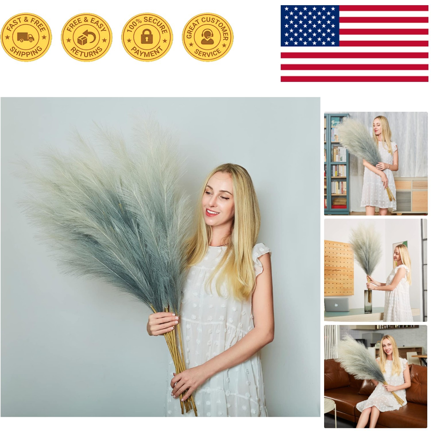 Flfluffy Artificial Pampas Grass Arrangement – 43 Inch, 6 Stems for Any Space
