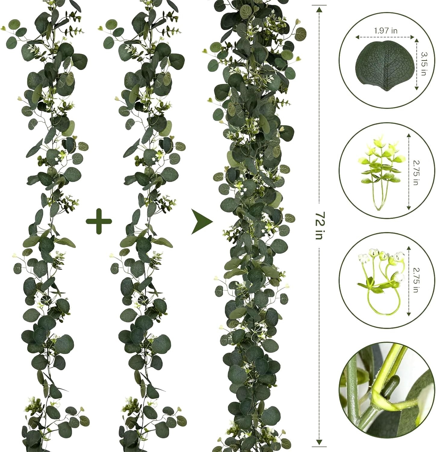 Eucalyptus Garland, 8Pcs 6FT Green Flower Garland Decor, Spring Summer