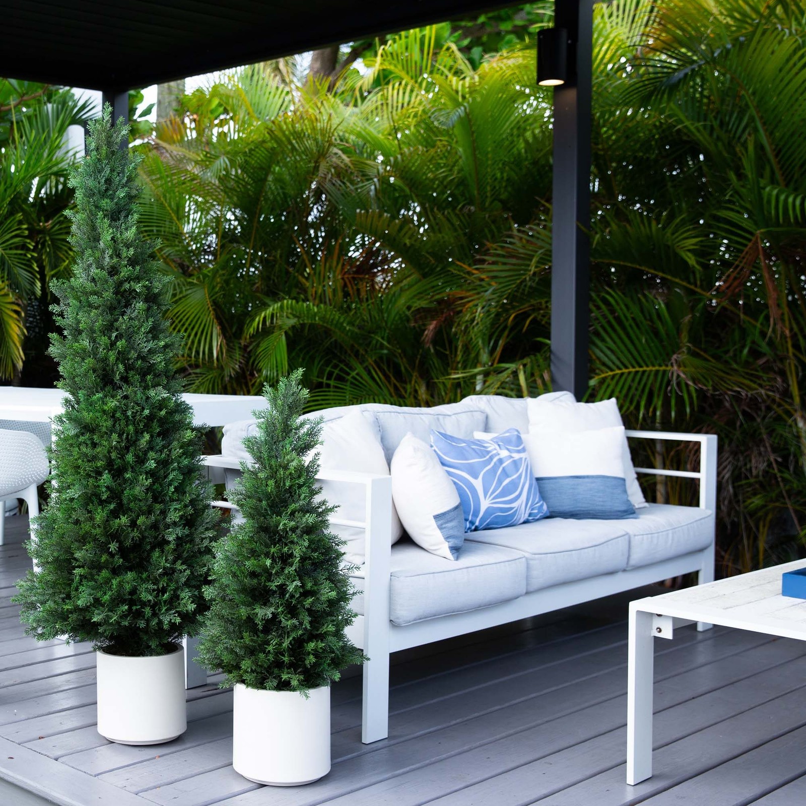 Nearly Natural 3ft UV Resistant Cedar Tree in White Planter in Green