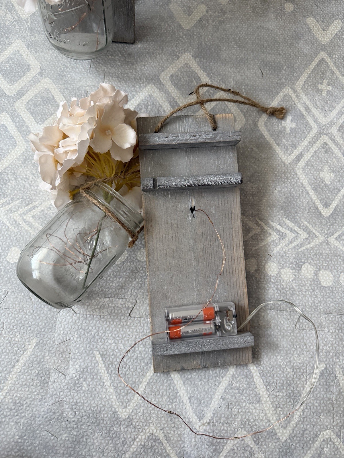 2 Rustic Wall Hanging Mason Jar Vases w/ Artificial White Hydrangea, Gray Wood