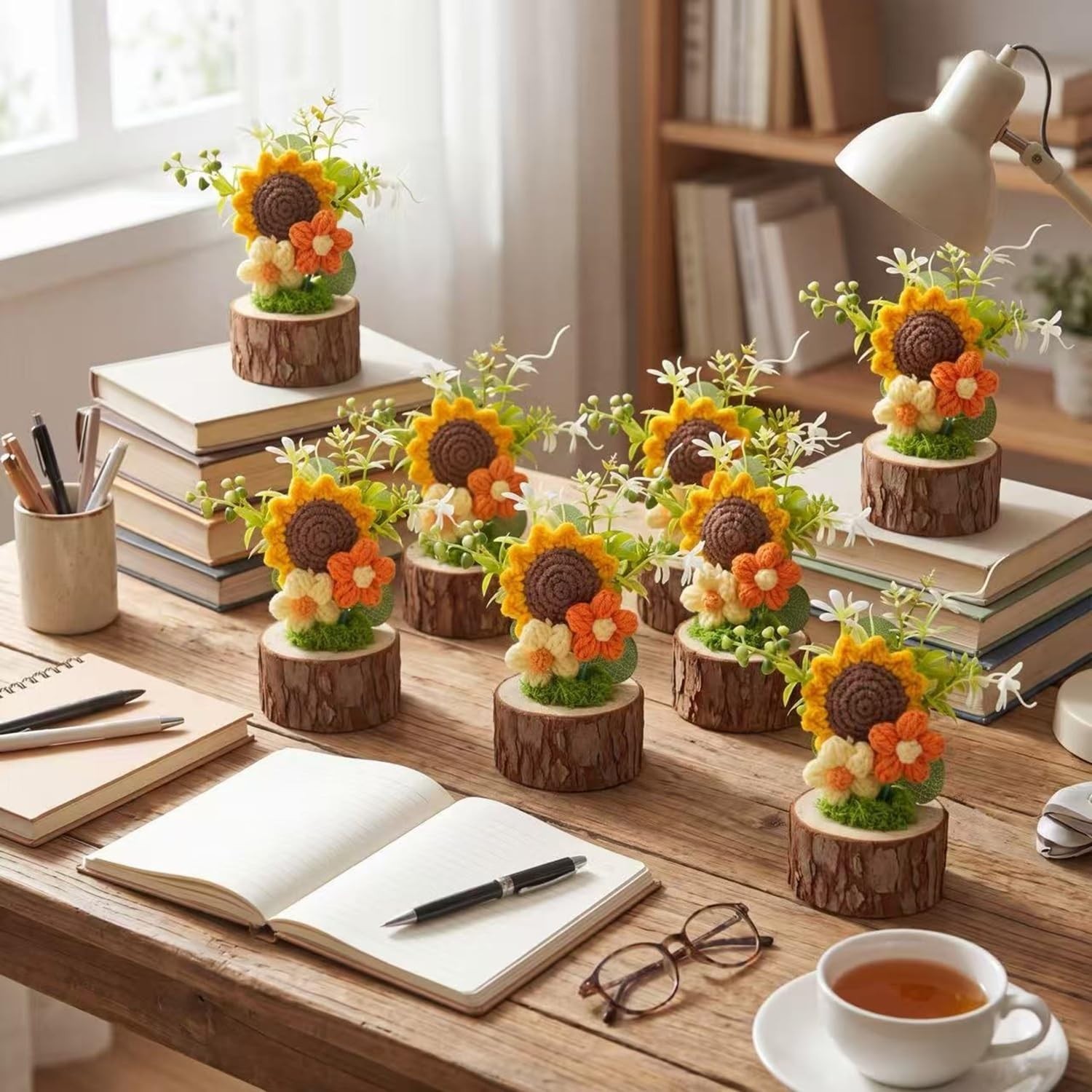 10 Pcs Handmade Sunflower Crochet Flowers Bouquet – Summer Gift, Mini Floral Dec