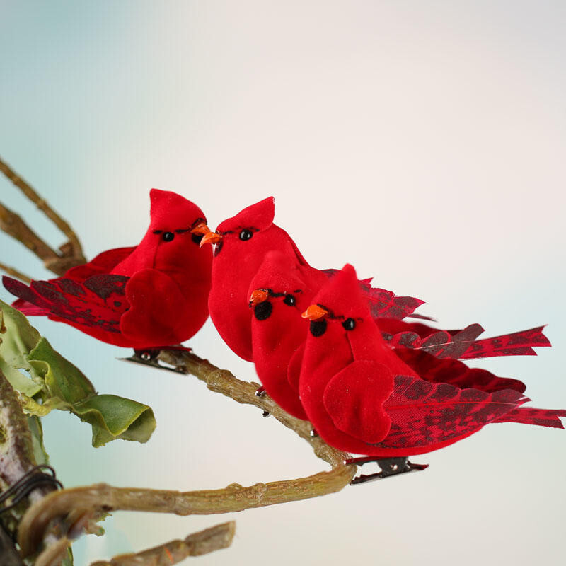 Set of 12 Artificial Flocked Northern 3-1/2″ Cardinal Birds with Clips