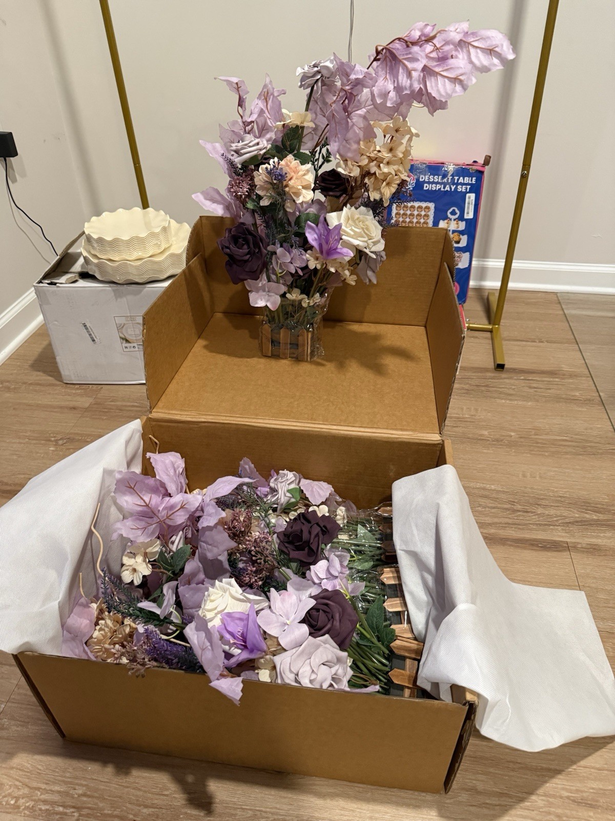 5 Artificial Rose Floral Arrangement & Centerpiece Table Decor Purple Lavender