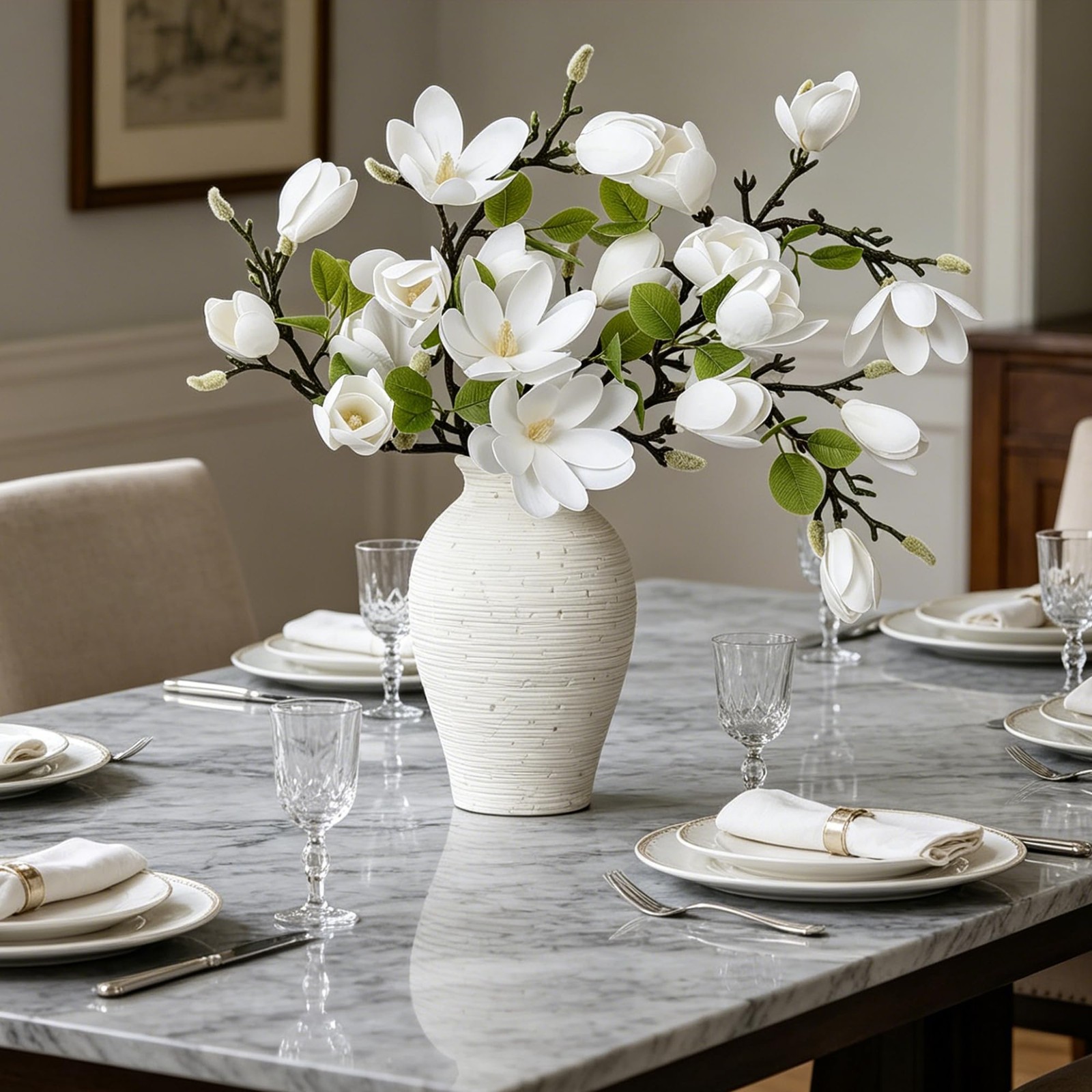 5PCS Artificial Magnolia Flowers Stems, Fake White Magnolia Floral Buds, 26″ …