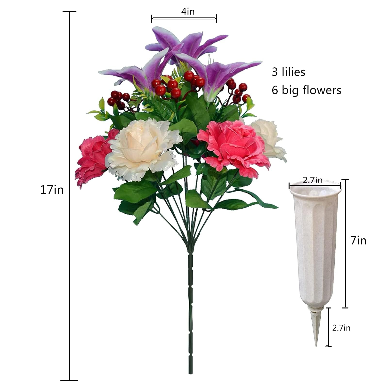 KAPIQIU Artificial Memorial Flowers with Vase: Exquisite Gravestone Decor for…