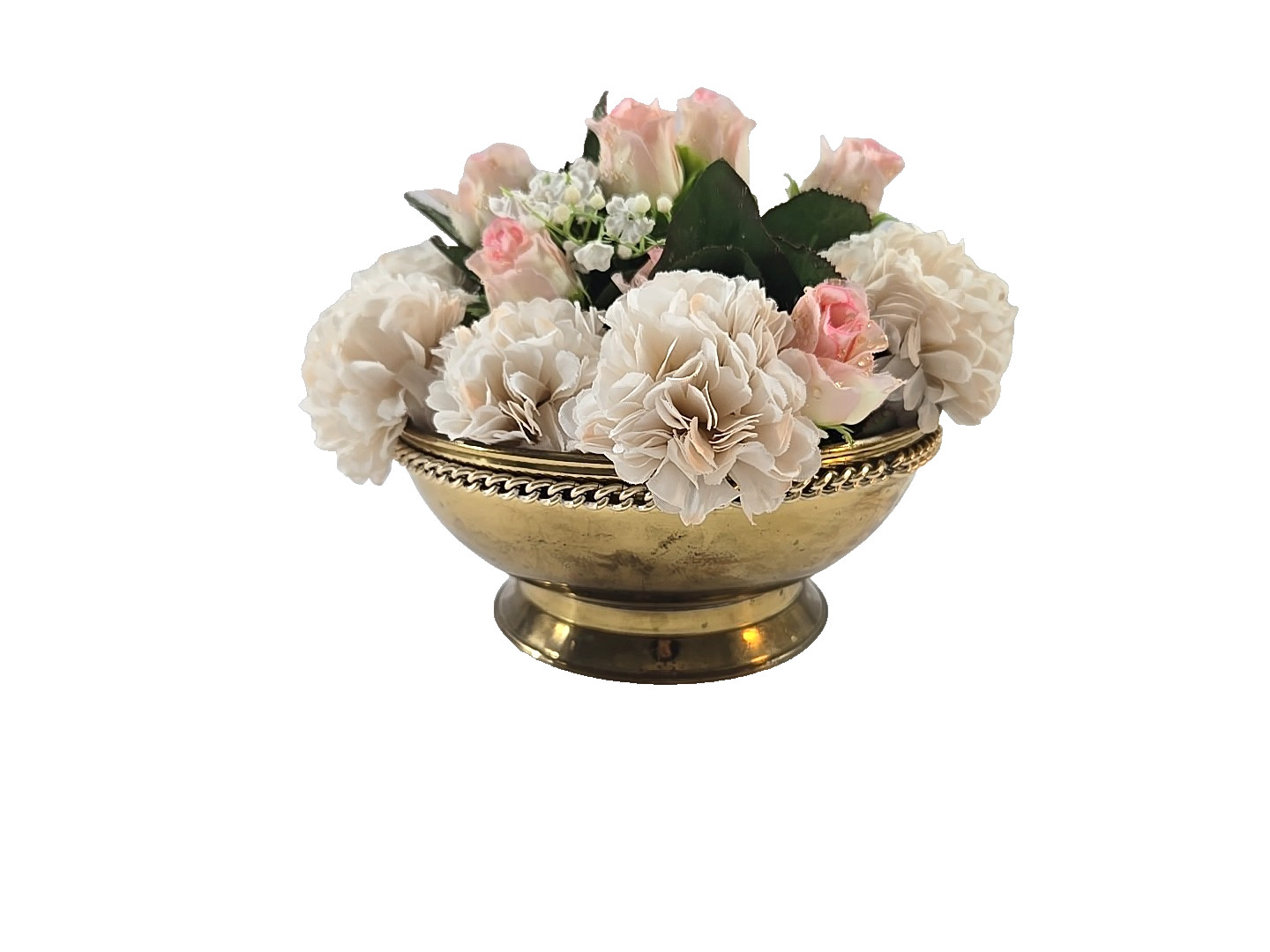 Vintage Silk Floral Arrangement in Footed Brass Planter Pot England 7″