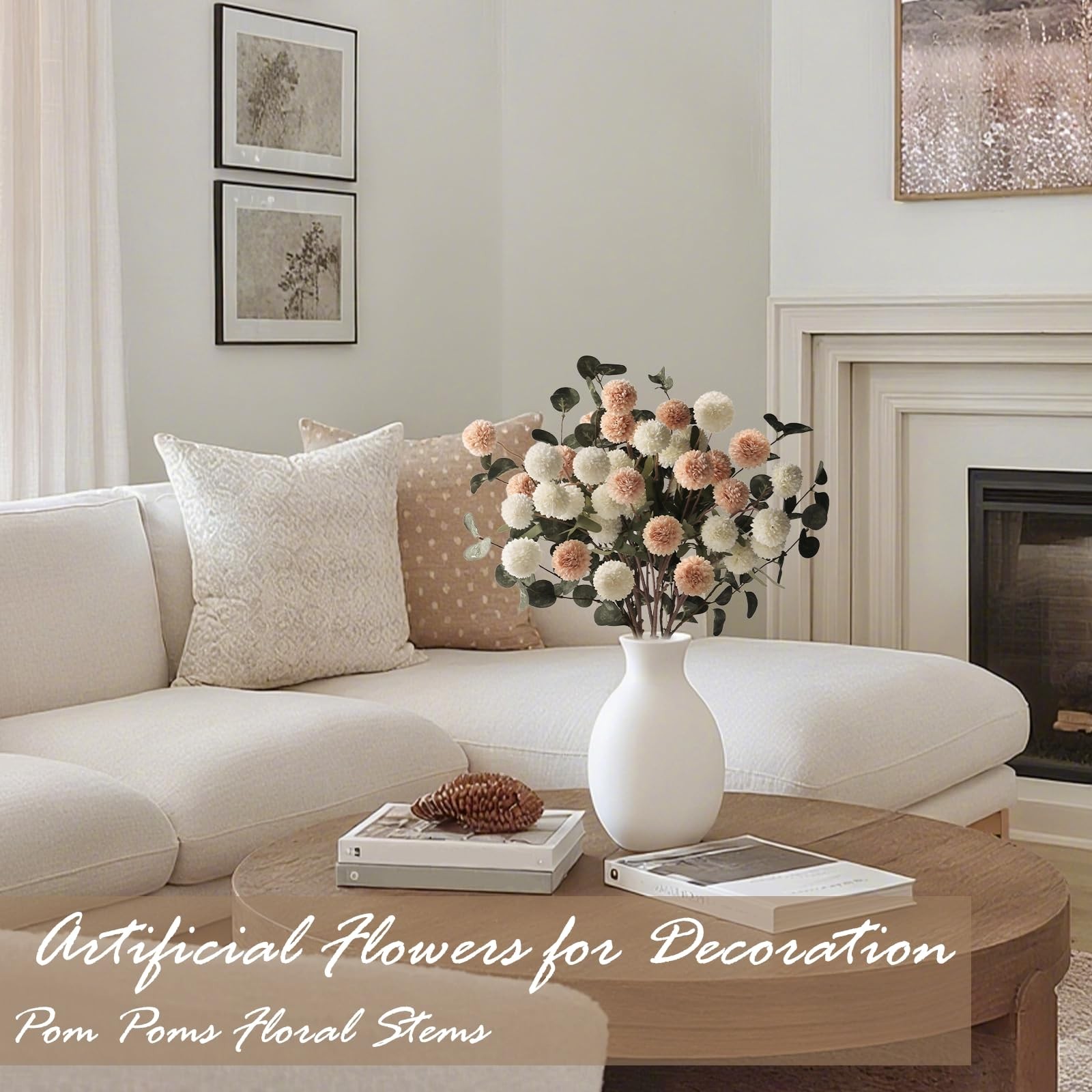 7pcs Beige Ivory Faux Silk Mums + Eucalyptus Artificial Flowers for Vase 20″,…